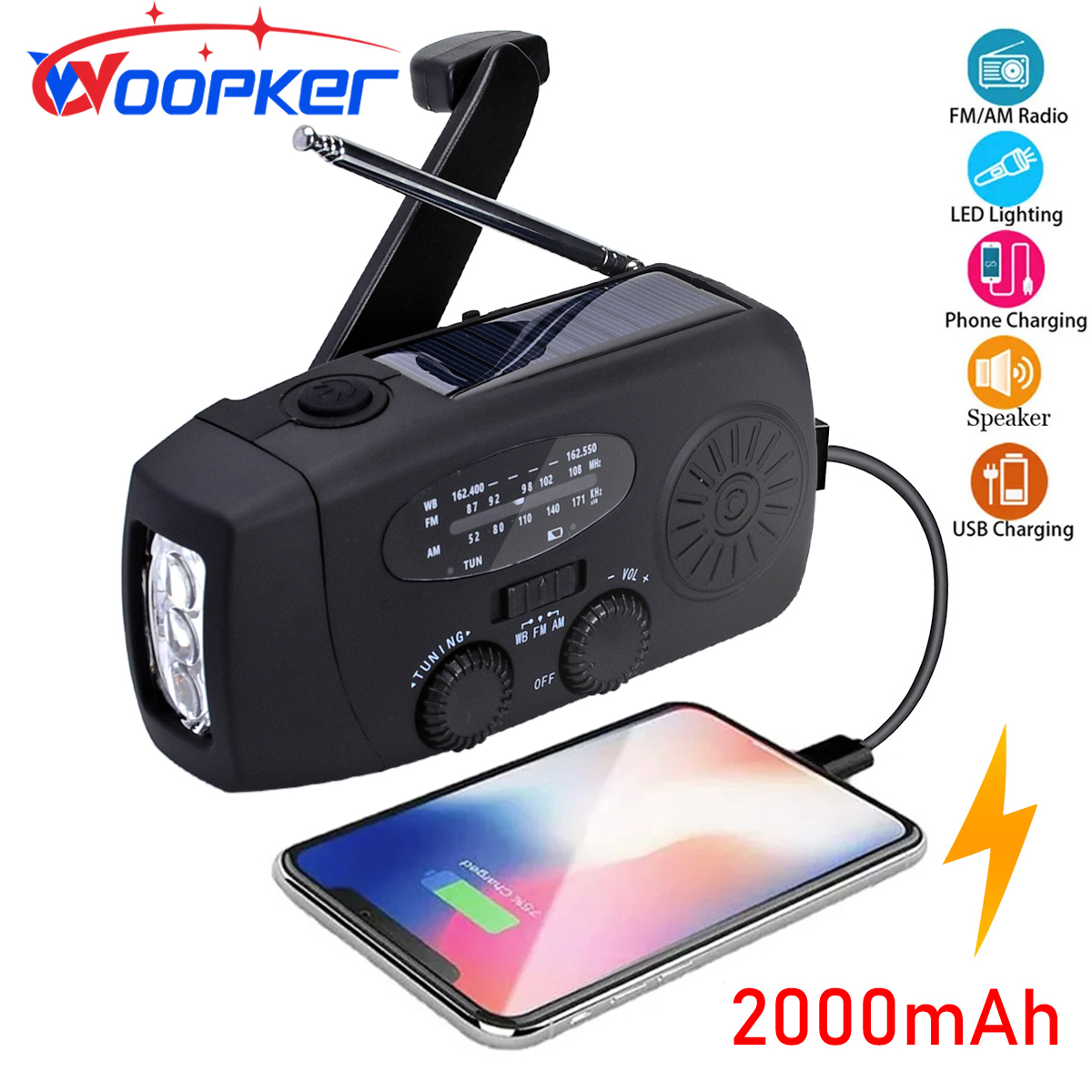 Radio ratunkowe Woopker E01 korba ręczna Solar USB (FM/ AM/ NOAA) WB radia pogodowe z powerbankiem latarki