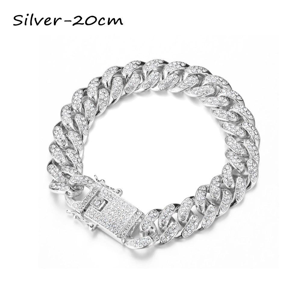 1Pc 14K Vergulde 12Mm Breedte Diamond Cubaanse Armband Luxe Shiny Hip Hop Ingelegd Rhinestone Link Chain vrouwen Mode Armband: Silver-20cm