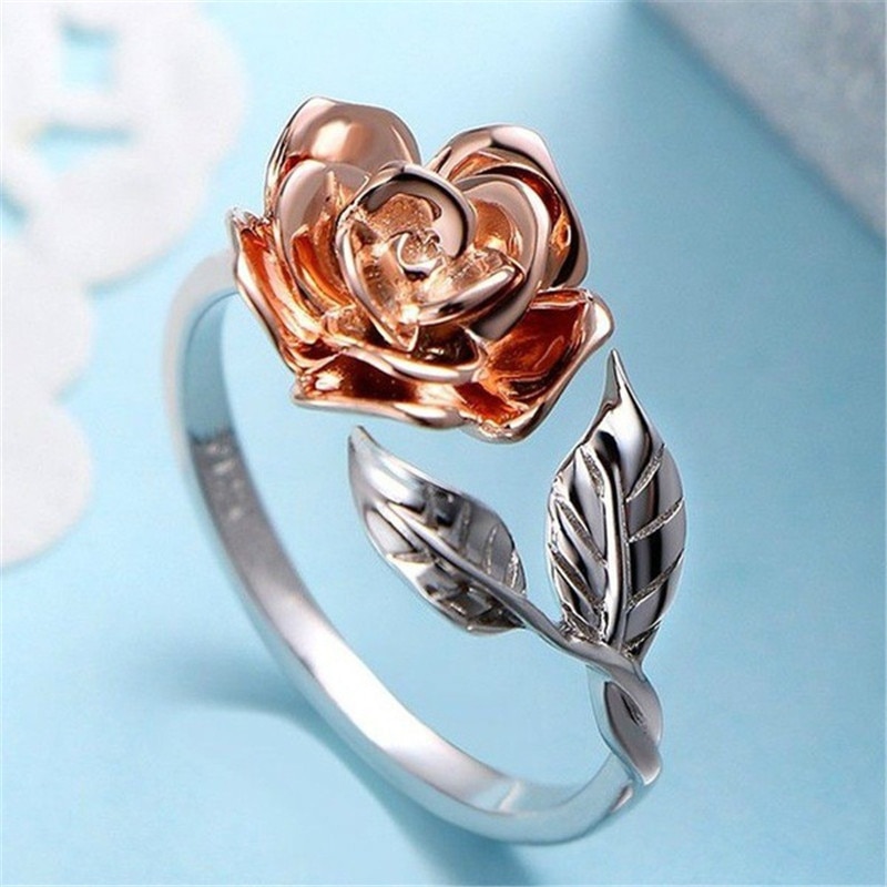 Modyle 2022 Zilver Kleur Leaf Rose Goud Kleur Rose Bloem Bruiloft Engagement Open Ring Voor Vrouw