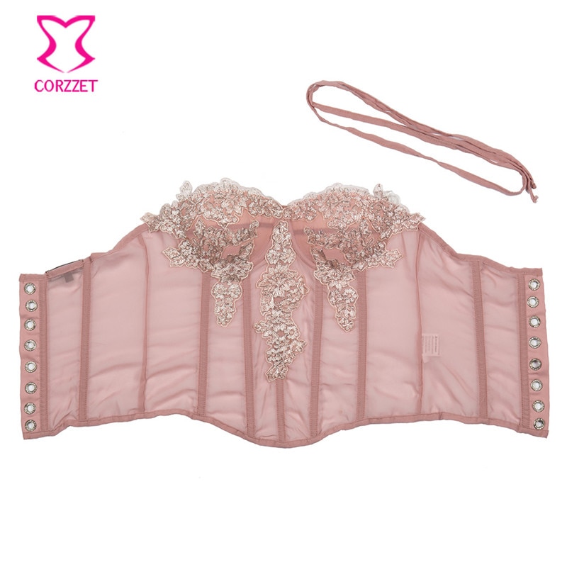 Pink Chiffon Floral Appliques Gothic corset sexy boned waist cincher Bustier Top Corset push up burlesque Corselet korse rosetic