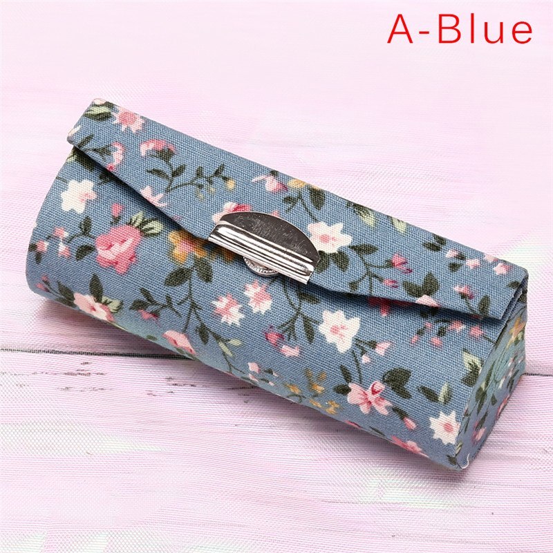 Blomsterudskrivning læbestift æske enkelt læbestift opbevaring taske kosmetiske tasker med spejl kvinder makeup opbevaring boks: A-blå