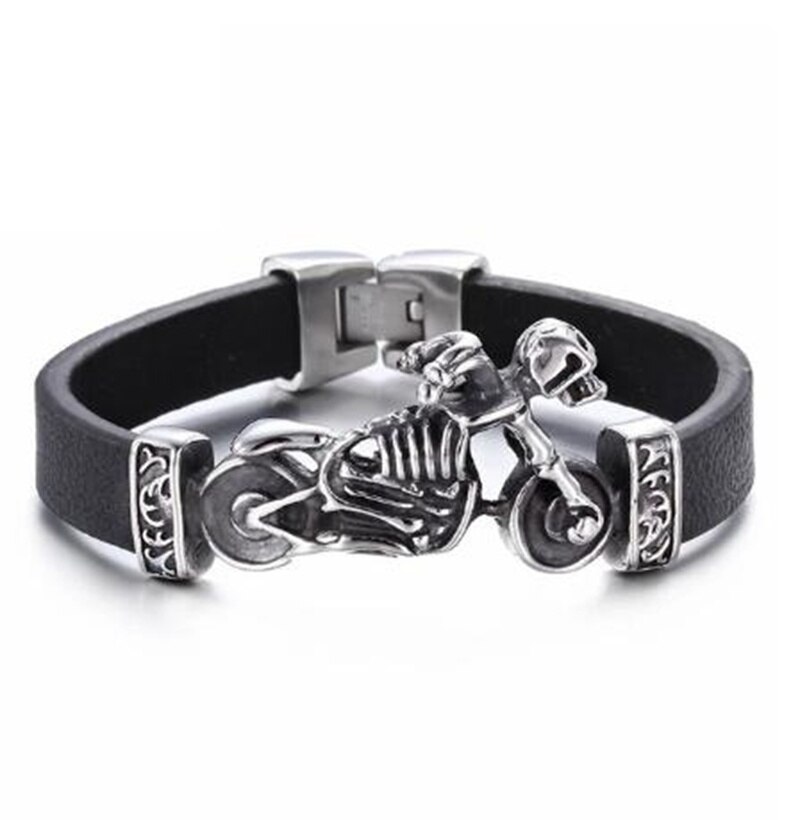 Unique Men Stainless Steel Motorcycle and Skeleton Charm Bracelet Rock Punk Durable Leather Bracelets Cool: Skeleton