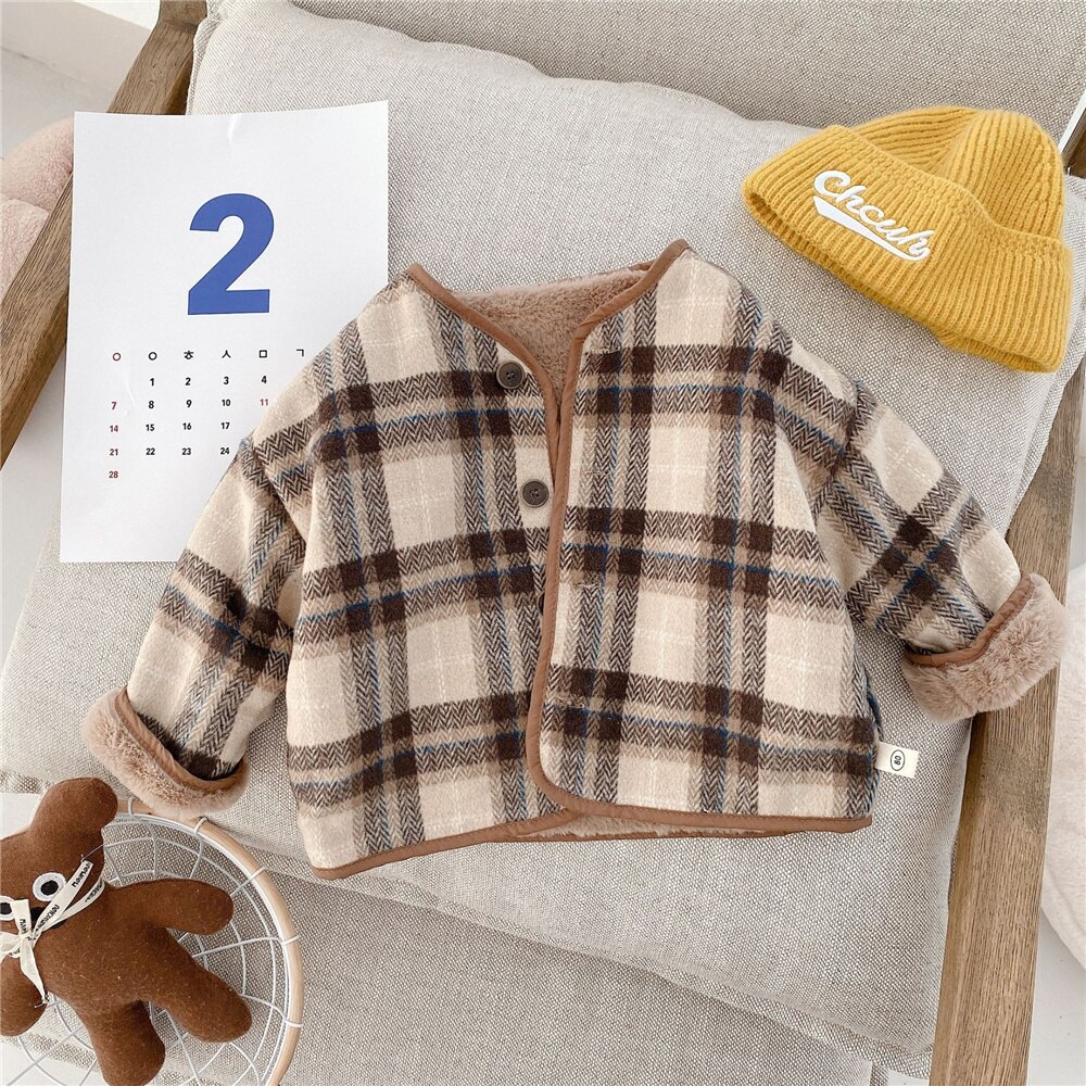 2021 inverno nuovi ragazzi e ragazze moda interna in pile plaid cappotti bambini spessi caldi giacche di lana casual: 6T
