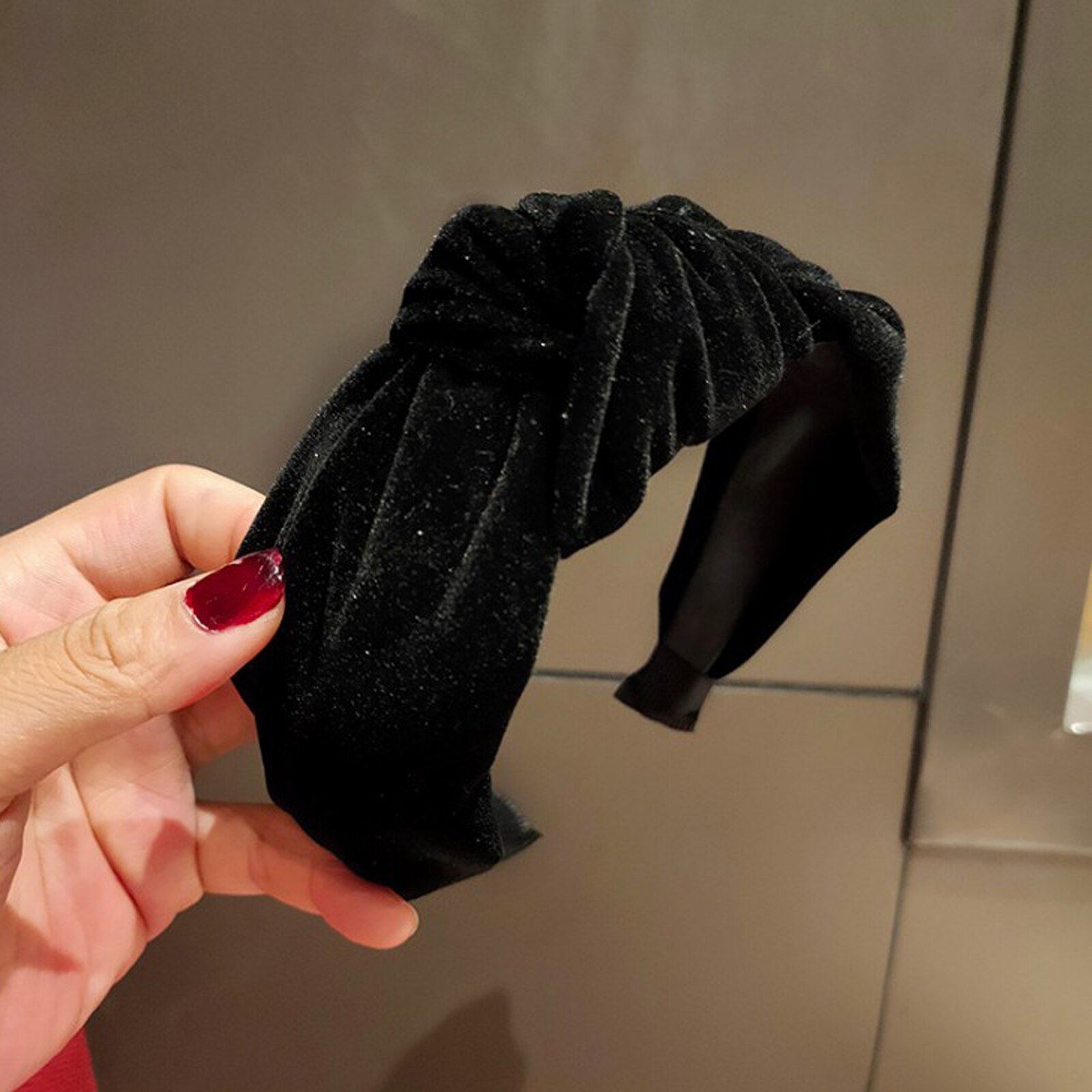 Proly kvinder hårbånd efterår vinter turban bred side blød gylden fløjl pandebånd til voksen solid klassisk hovedbeklædning: Sort hårbånd