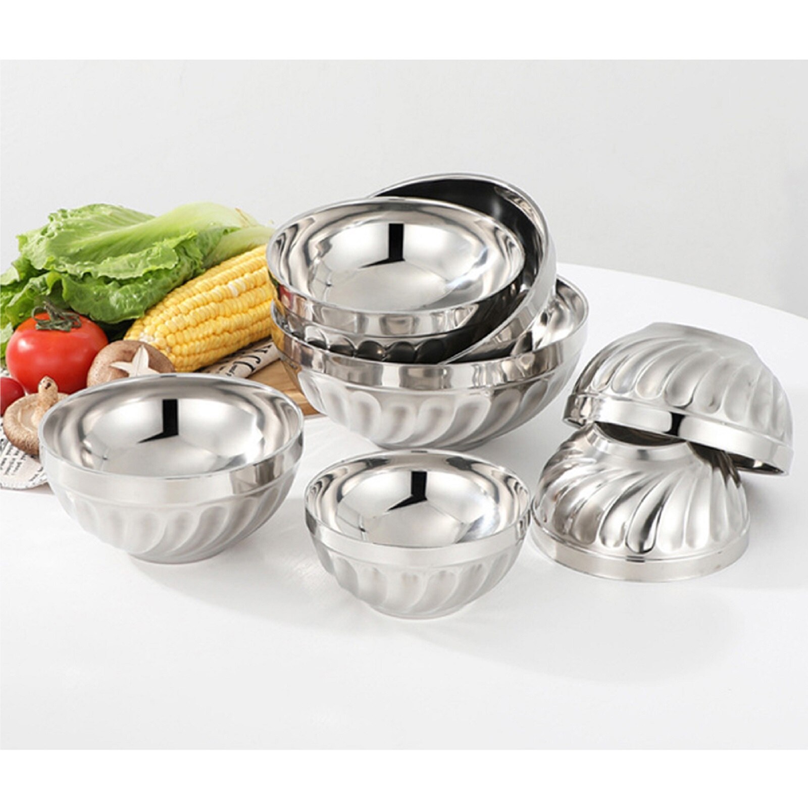 Stainless Steel Bowl Anti-Scald Double-Wall Thermal Insulation Bowls Non-Slip Food Soup Bowl Kitchen Utensil for Cooking Baking