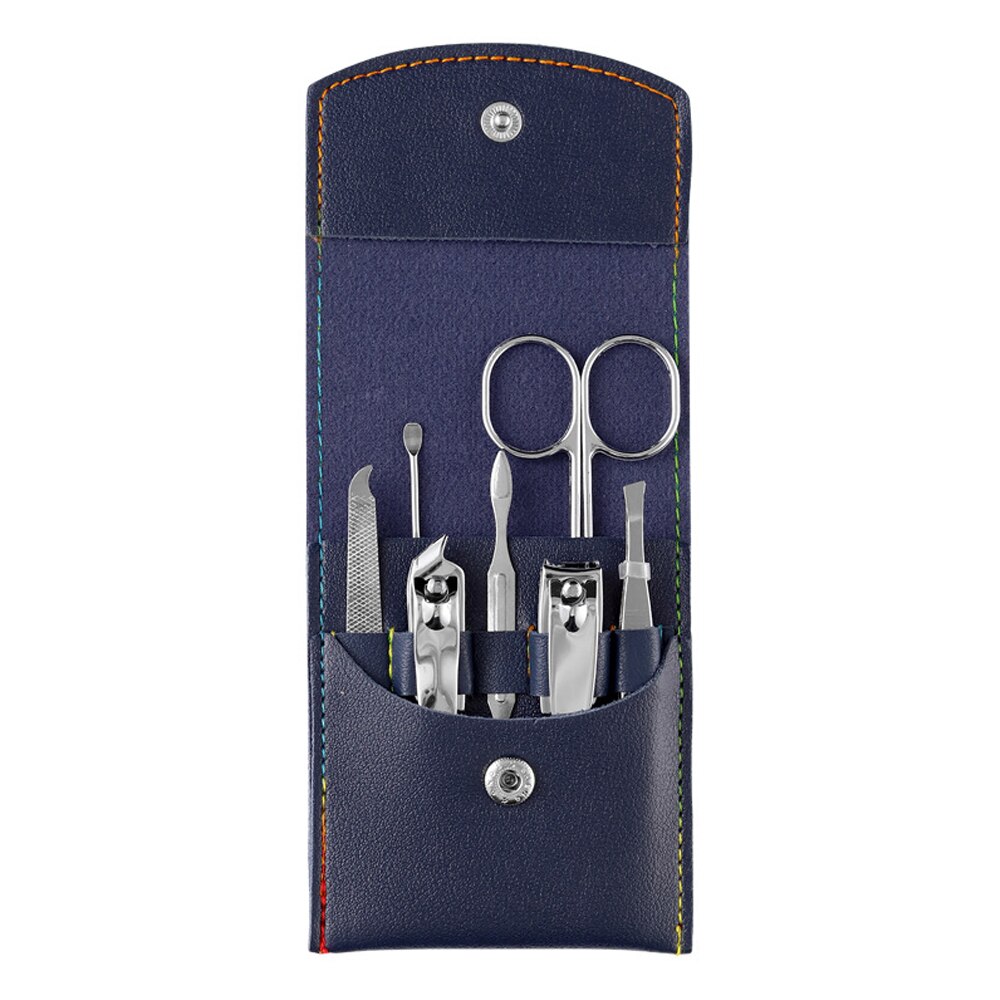 Juego de tijeras de pedicura, cortador de uñas de acero inoxidable, hebilla de cuero plegable, gancho de águila, juego de herramientas de cortaúñas, 7-15 piezas: Blue