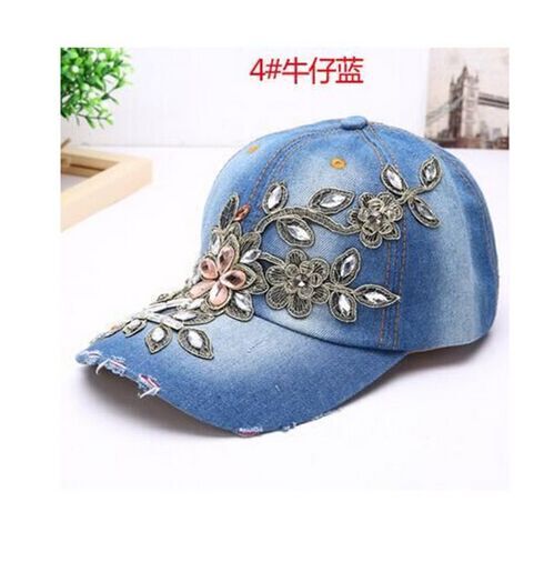 Delikate kvinder diamant blomst baseball cap sommer stil dame jeans hatte: 2