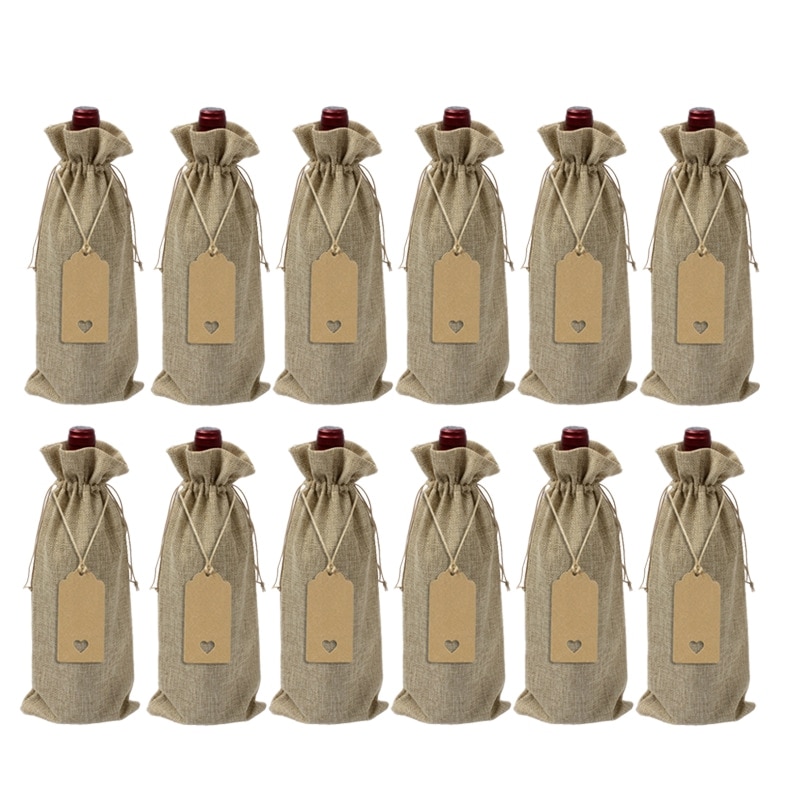 12 bolsas de arpillera para vino, bolsas de yute para botellas de vino con cordones, bolsas de reutilizables para vino con etiquetas para fiestas, degustación ciega Birt: Default Title