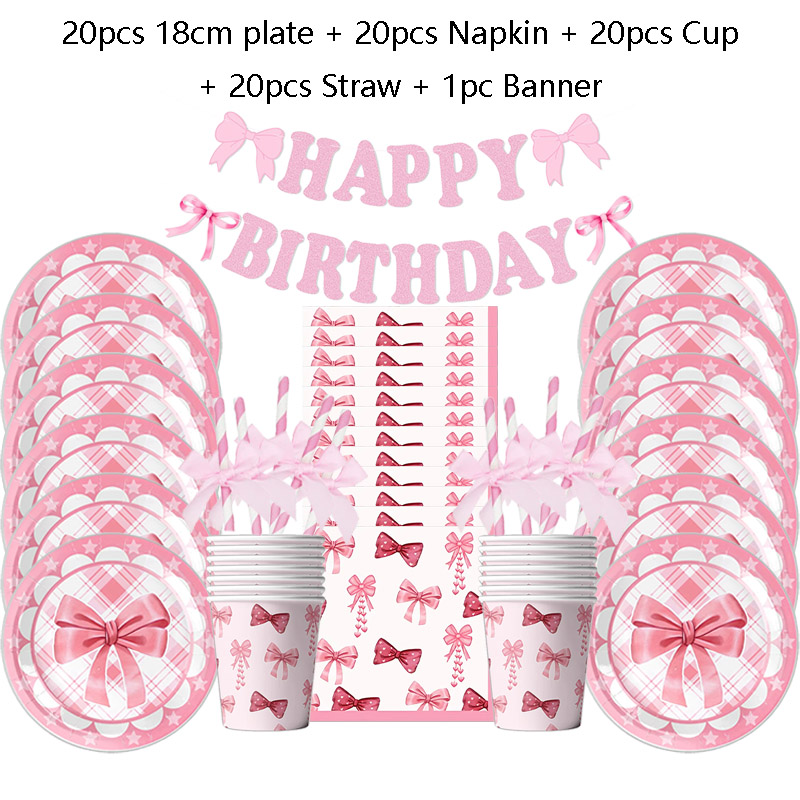 Lyserød sløjfe fødselsdag engangsservice sløjfe paptallerken kop serviet sugerør lyserød sløjfe brudeforlovelse bryllup polterabend dekoration