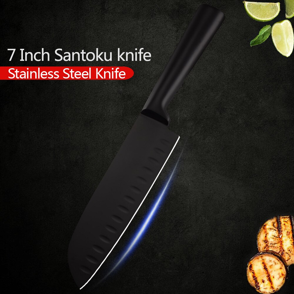 6pcs Stainless Steel Kitchen Chef Black Knives Set Chef Slicing Santoku Utility Paring Knives Meat Fruit Kitchen Accessories: E.7 santoku knife