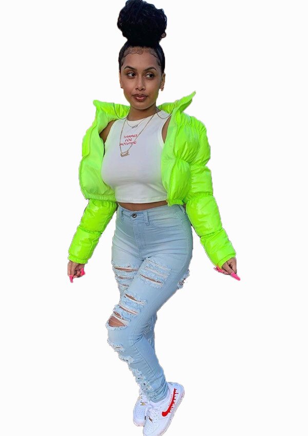 Abrigo de invierno de charol burbuja para mujer de talla grande rojo con cremallera Latex resistente al agua chaqueta acolchada para mujer de talla grande S-2XL Parkas: Fluorescent green / XL