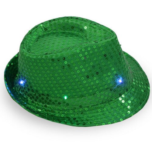 Men Women Glitter Sequin Flashing Light Up LED Fedora Trilby Cap Dance Jazz Hat Gangster Party Costume: Green