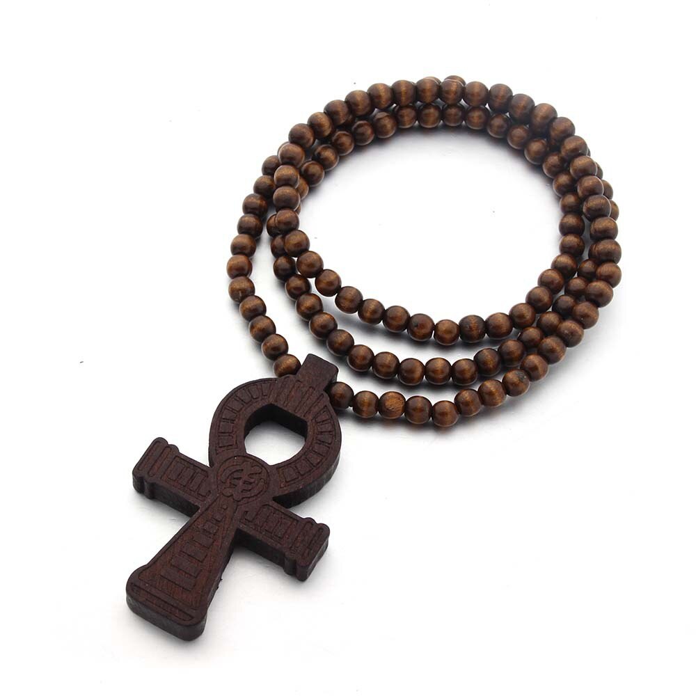 Retro træ brun kort kors vedhæng træ perler halskæder til mænd kvinde rosenkrans træ perle betaler religiøse smykker: D-brun