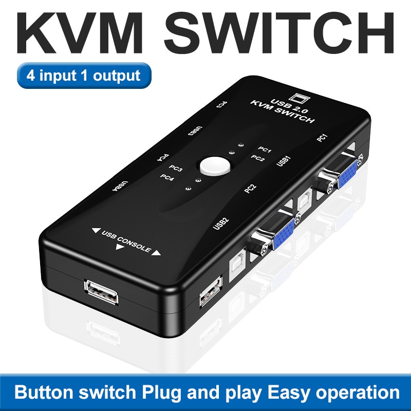 Usb Kvm Vga Switcher 4 Poorten Usb 2.0 Kvm Switch Box Adapter Een Knop Swapping Voor Computer, toetsenbord, Muis, Scanner, Printer