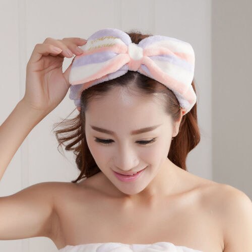 Merk schattige dames hoofdtooi met strik, knoop, stippen, gestreept, zacht, douchehoofdband, wikkelhoofddoek, badkamer, spa-make-up