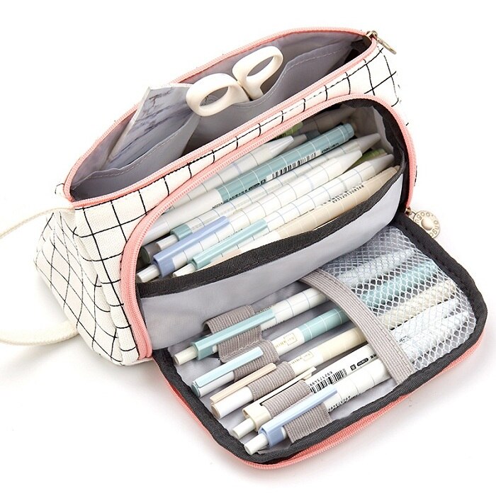 Solid Color Dark Grey Pencil Pouch Big Capacity Pen Bag Side Open Stationery Tools Case Make Up Bag Pencil Bag School Girl: grid pink