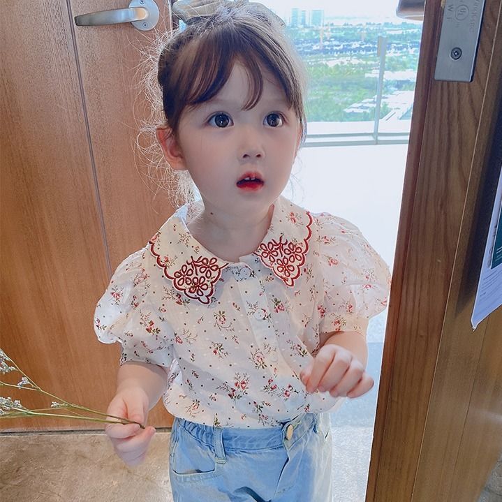 Camisa de algodón para niñas de 2 a 7 años, Blusa de manga corta, ropa de bebé, Tops Vintage rosa y blanco