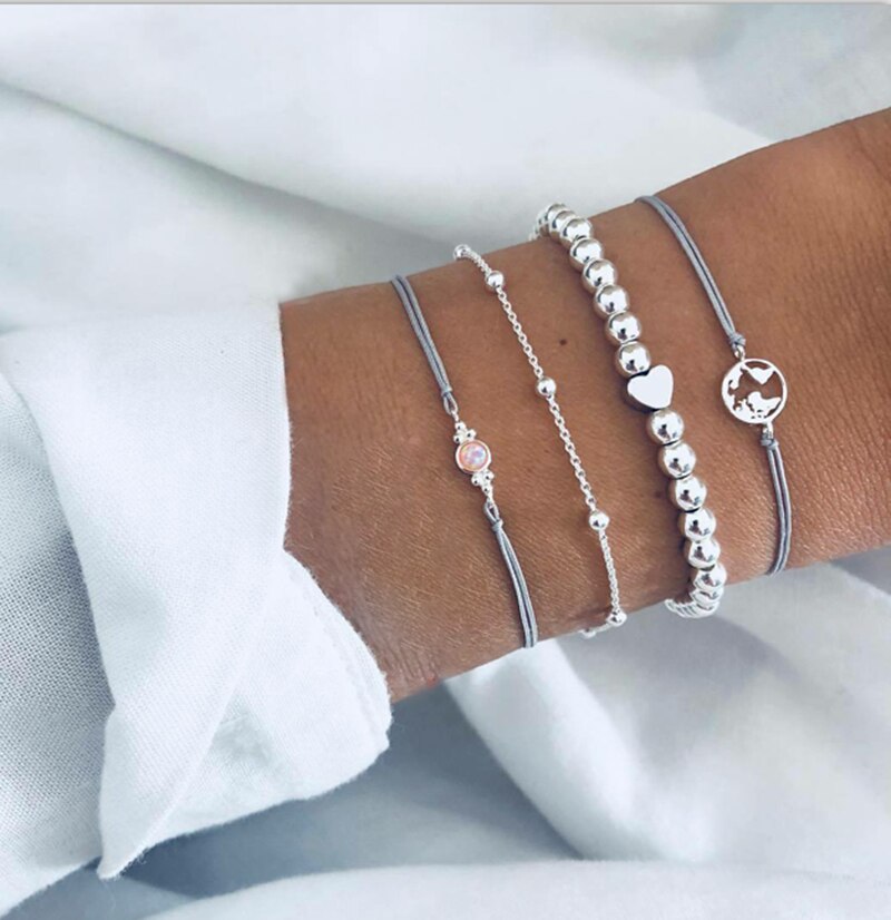 Jewdy – ensemble de Bracelets en cristal et argent pour femmes, 4 pièces, perles rondes creuses en terre, bijoux à la: Default Title