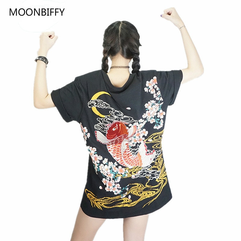 Punk Funk Rock T-shirt Harajuku japon fairy suka broderie Dragon et Koi Baseball uniforme maternité Vintage chemise