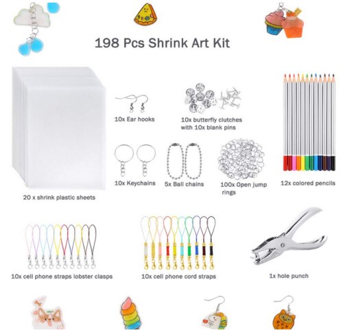 198 sztuk Shrinky Dinks zestaw z tworzywa sztucznego arkusz termokurczliwy papier artystyczny dziurkacz breloki ołówki rysunek dostaw kreatywny uroki producent: 198szt