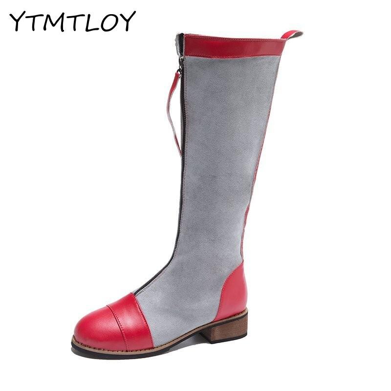 Bottes de créateur en cuir à genoux pour femmes, à bout rond, longues, épaisses, bloc, à talons hauts, noir, Beige