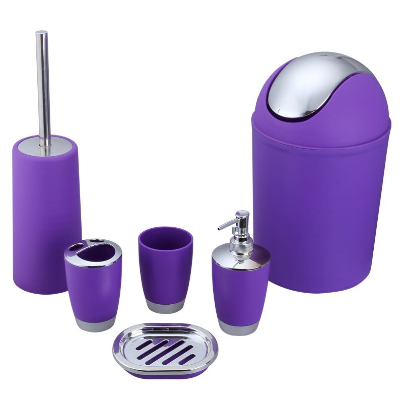 6Pcs Bathroom Accessories Set Toothbrush Holder Cup Soap Dispenser Dish Toilet Brush Trash Can Plastic Tumbler Cup Washroom Tool: purple