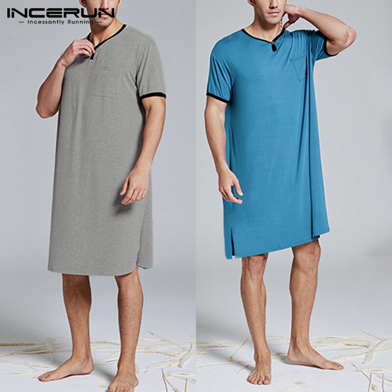 Men Sleep Tops Short Sleeve Summer Homewear Loose Breathable Long Casual V Neck Men Sleepwear INCERUN Plus Size Long Blusas