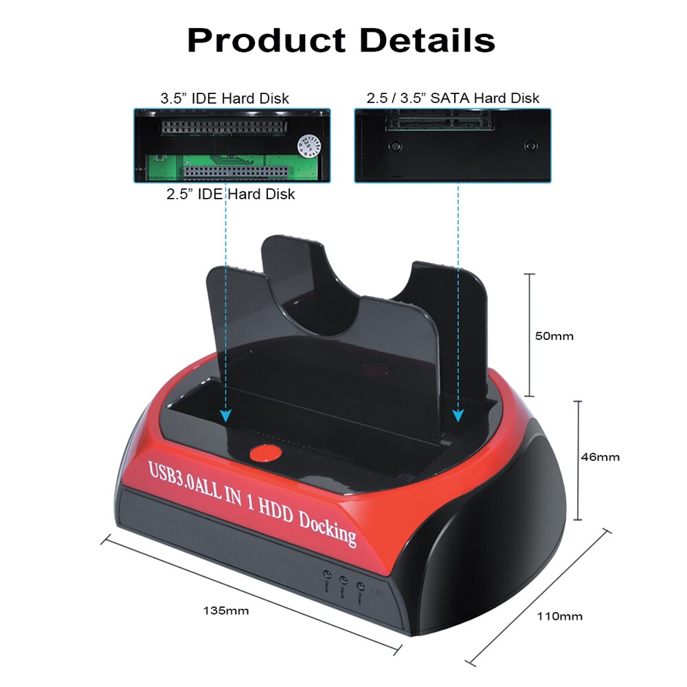 HDD Docking Station USB 3.0/Type C Dual Internal Hard Disk Drive Docking Station HDD Enclosure for 2.5 Inch 3.5 Inch IDE/SATA