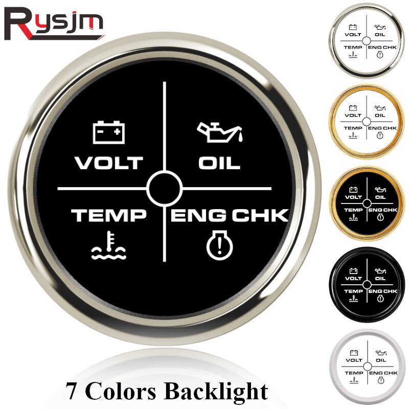 52 Mm Alarm Gauge Meter Volt/Olie/Water Temp/Check Engine 4 Led Alarm Indicator Gauge Voor auto Boot 9 ~ 32V Met 7 Kleuren Achtergrondverlichting