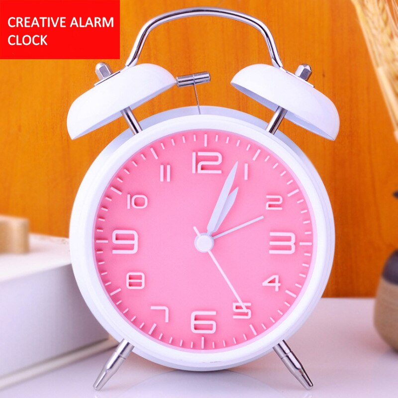 Reloj despertador de doble campana de 4 pulgadas para niños, cronógrafo de Metal con personalidad, , luminoso, para sentarse, decoración del hogar: White and Pink