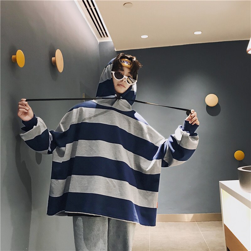 Spring And Autumn Youth Trend Japanese Wild College Wind Boys Leisure Loose Color Hooded Striped: gray / M