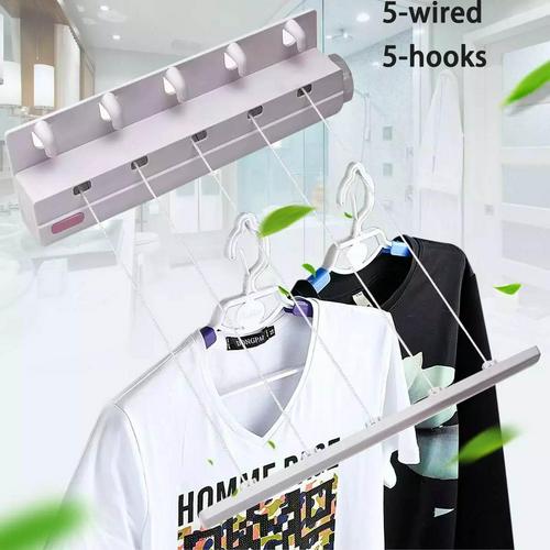Wall Mounted Hanger Retractable Indoor Clothes Hanger Drying Rack Towel Rack Automatic Telescopic Clothesline Clothes Dryer: five rope hooks