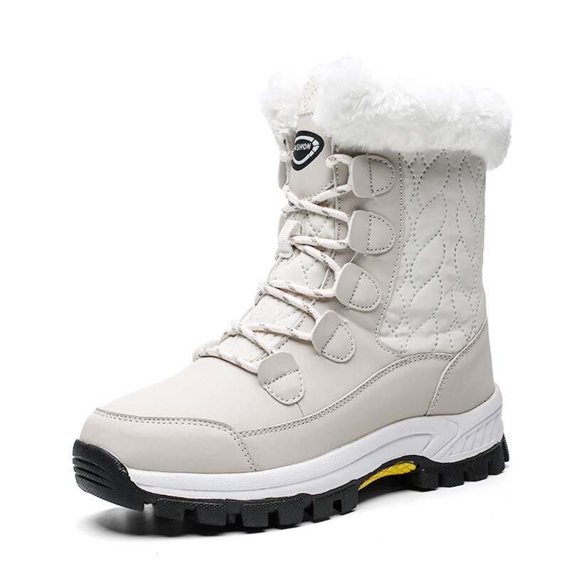 Pinsen Winter Vrouwen Snowboots Warme Push Mid-Kalf Laarzen Vrouwen Platform Vrouwelijke Lace-Up waterdicht Botas Mujer: Beige / 5.5