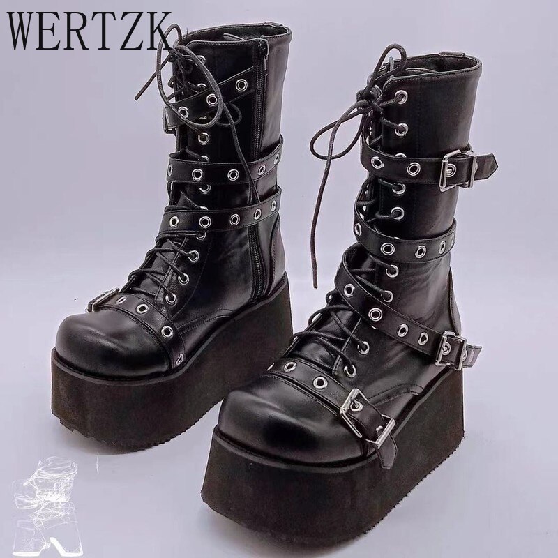 Botas de cuña con plataforma para mujer, zapatos femeninos de estilo gótico, Punk, con correa de hebilla, a la , con cordones, de de , para Otoño e Invierno