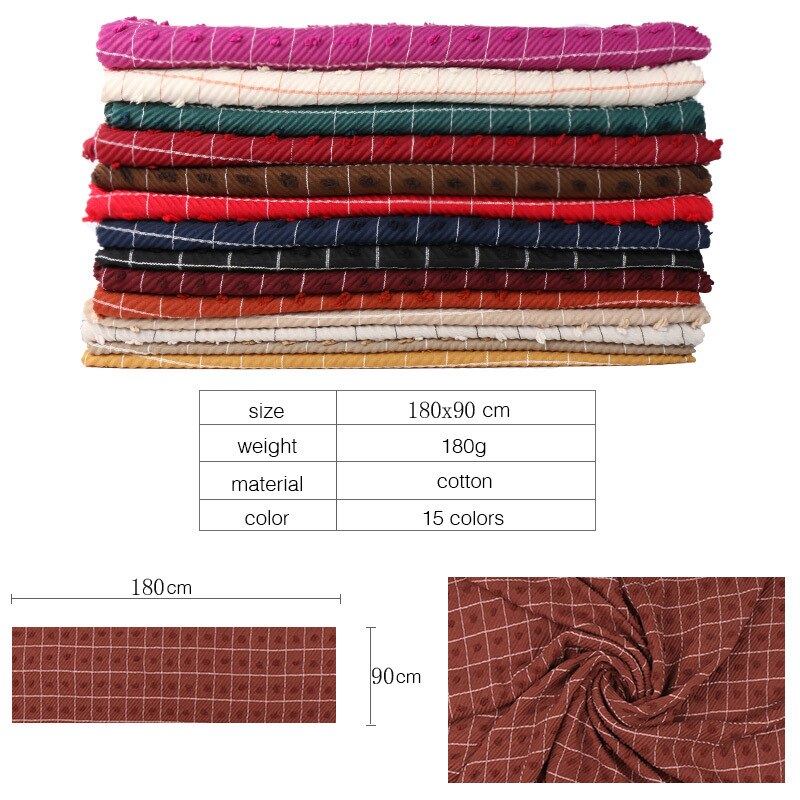 Kvinder fuld plisseret crush bomuldstørklæde muslimske hijabs sjaler tern stribede plaider fuzzy ball shawl hovedtørklæde wraps tudung tørklæder