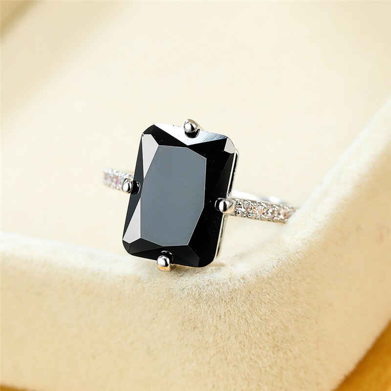 Vintage Weibliche Regenbogen Kristall Stein Ring Klassische Silber Farbe Dünne Hochzeit Ringe Für Frauen Charme Braut Platz Engagement Ring: 8 / black