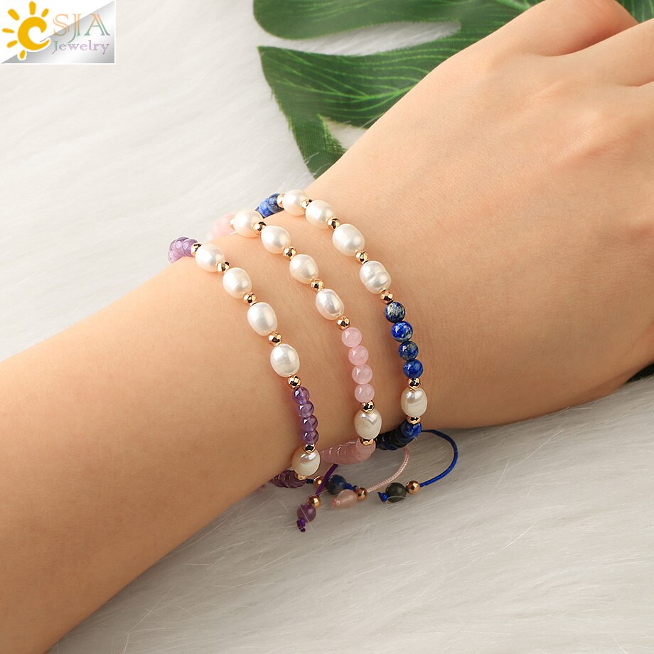 Csja Strand Armband 4 Mm Natuursteen Witte Parel Kristal Kralen Verstelbare Gevlochten Armbanden Voor Vrouwen Mannen Healing Sieraden G482