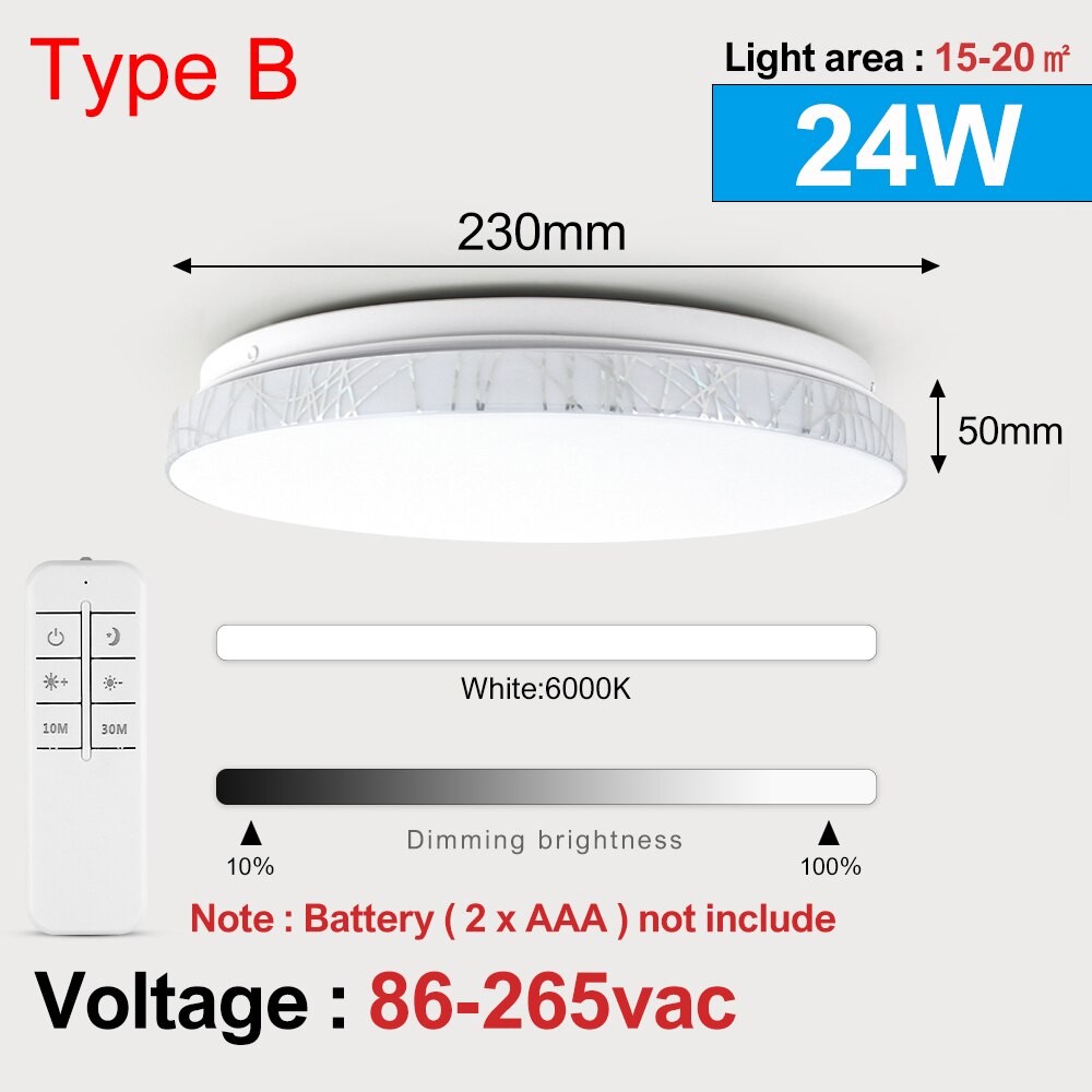 Smart LED Ceiling Light Lamp Brightness Dimmable 24W AC110V/220V For Bedroom Living Room Modern Ultra Thin Ceiling Light Lamp: Type B Only White