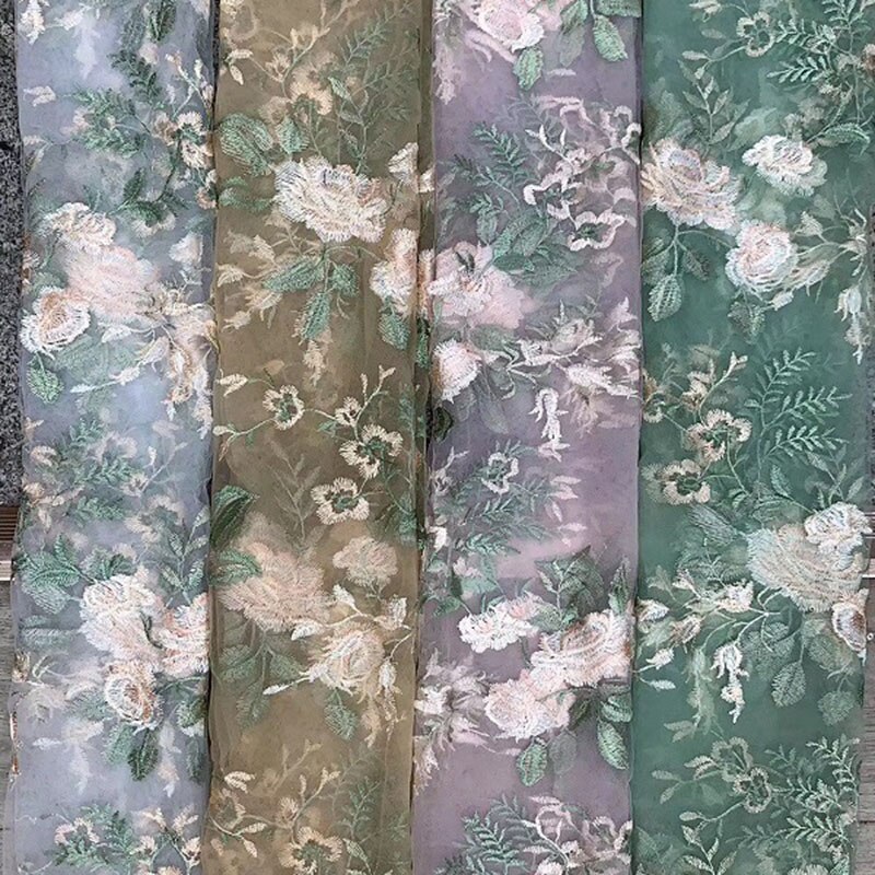 91 x 130cm gør-det-selv tyl blomster blonder stof syning patchwork til barn kjole gardin pæon broderet chiffon gennemskinnelig klud