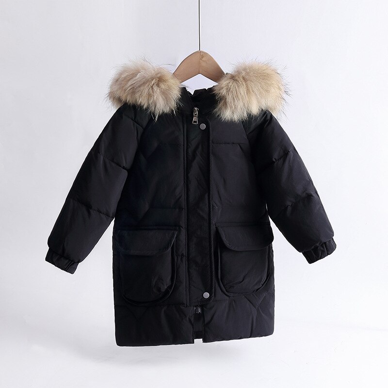 Winter kinder donsjack kinderen halflange dikke jassen jongens & meisjes bovenkleding baby's koreaanse stijl bontkraag kleding: Zwart / 7