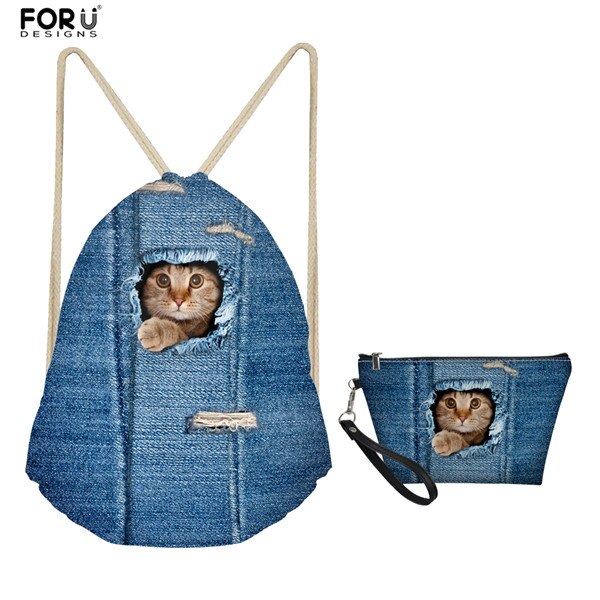 FORUDESIGNS-mochila con cordón para playa para niñas, bolsa de viaje de aseo personal, bolso de bolsillo de tela vaquera con patrón de gato, 2 piezas: H319Z3Z8