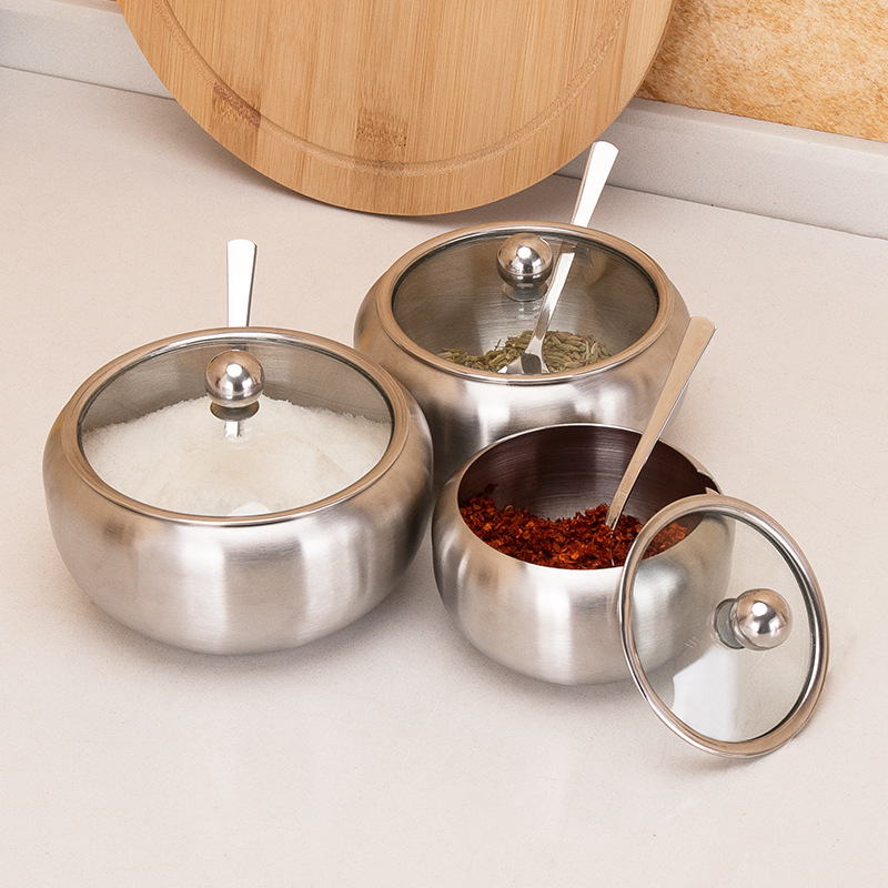 MOM'S HAND Kitchen Seasoning Box Stainless Steel Large Sugar Bowl With Glass Clear Lid and Spoon