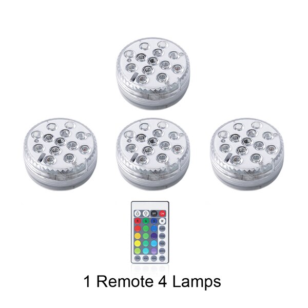 Nedsænket led lys vandtæt undervandslampe fjernbetjening 5v batteri strøm dekorations natlamper til akvarie pool fisketank vase: 1 fjernbetjening 4 lamper / 70 x 28mm