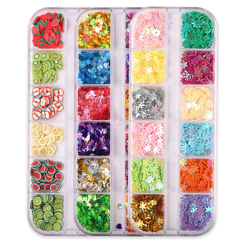 3D Vlokken Plakjes Zachte Aardewerk Nail Glitters Art Decorations Nail 12 Grid Box Nail Decoratie Gemengde Sequin Set Ster En maan