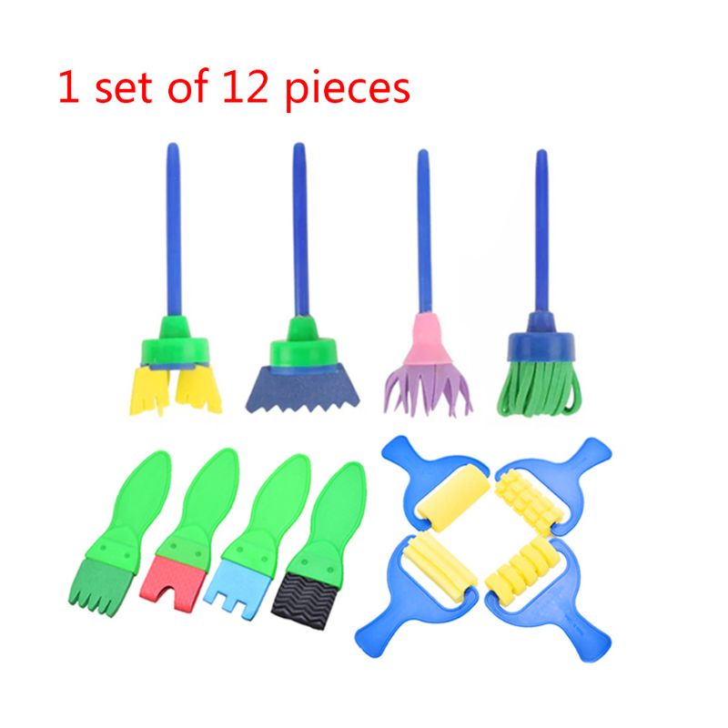 Juego de 12 Uds de esponja para niños, cepillo de esponja, herramientas de espuma para pintar con mango, herramientas para pintar Grafiti de manualidades niños pequeños