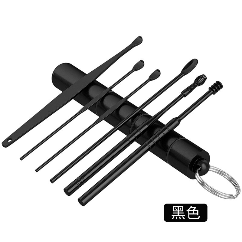 Öronpetare i rostfritt stål bärbar öronpetare 6 delar set öronrengörare dubbelfjäder öronplockningsverktyg öronvax borttagningsverktyg öronvård: Es2- svarta tk -6 st