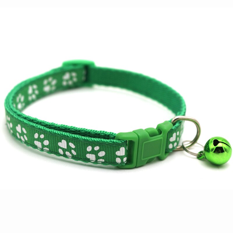 Collier de chat de compagnie mignon patte impression chat cloche collier réglable en Nylon ruban collier pour chats petits chiens chiot cou sangle 1.0cm 19-32cm: Green 1 / Black Button