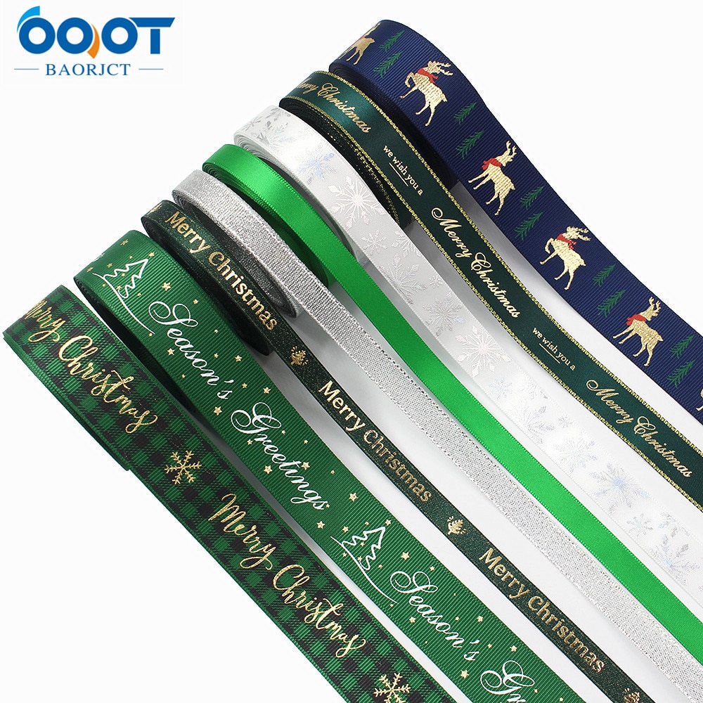 Kerst Lint 10 Yards Gedrukt Grosgrain Organza Satijnen Linten Metallic Glitter Stof Linten 20702