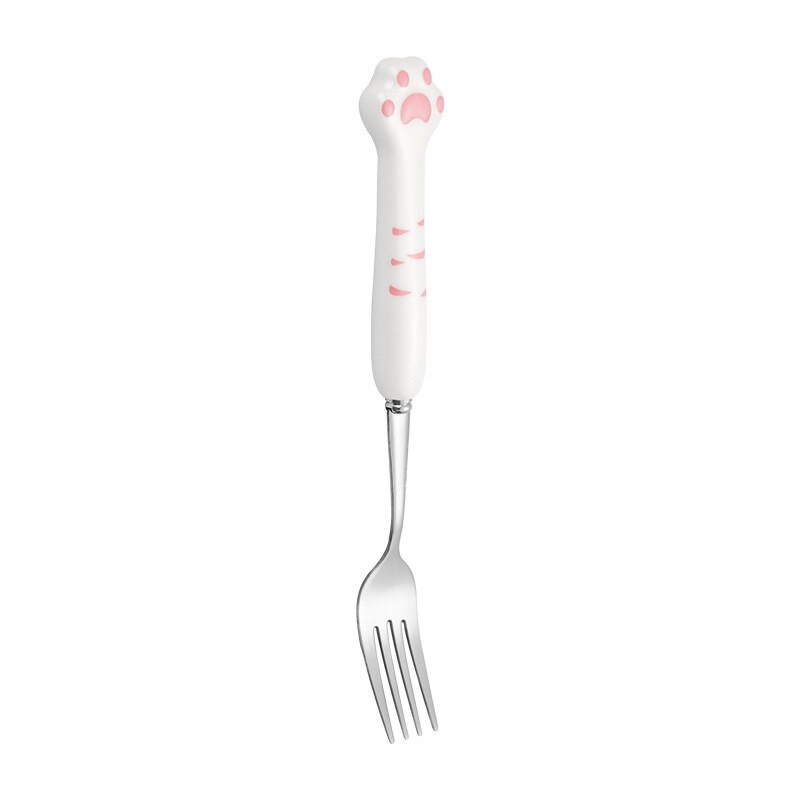 Cute cat claw ceramic 304 stainless steel tableware spoon fork chopsticks cute cartoon spoon gold spoon fork: white Silver fork