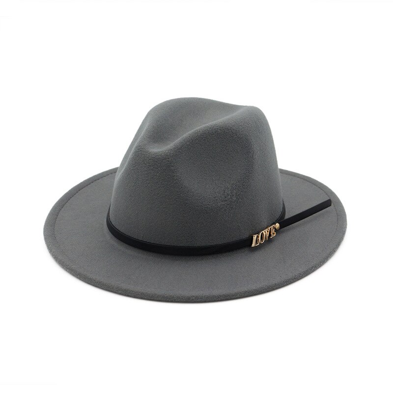 Men Wool Fedora Hat Wide Brim Women Faux Woolen Ladies Fedora LOVE Logo Jazz Hat Belt Caps Bowler Felt Hats Autumn Winter: Light Gray